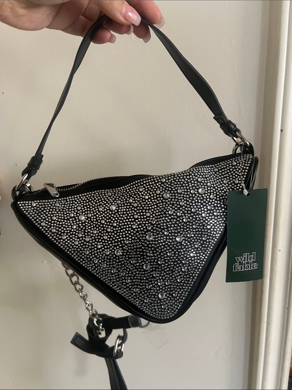 wild fable Black Rhinestone Triangle Shoulder Bag with Silver Accents